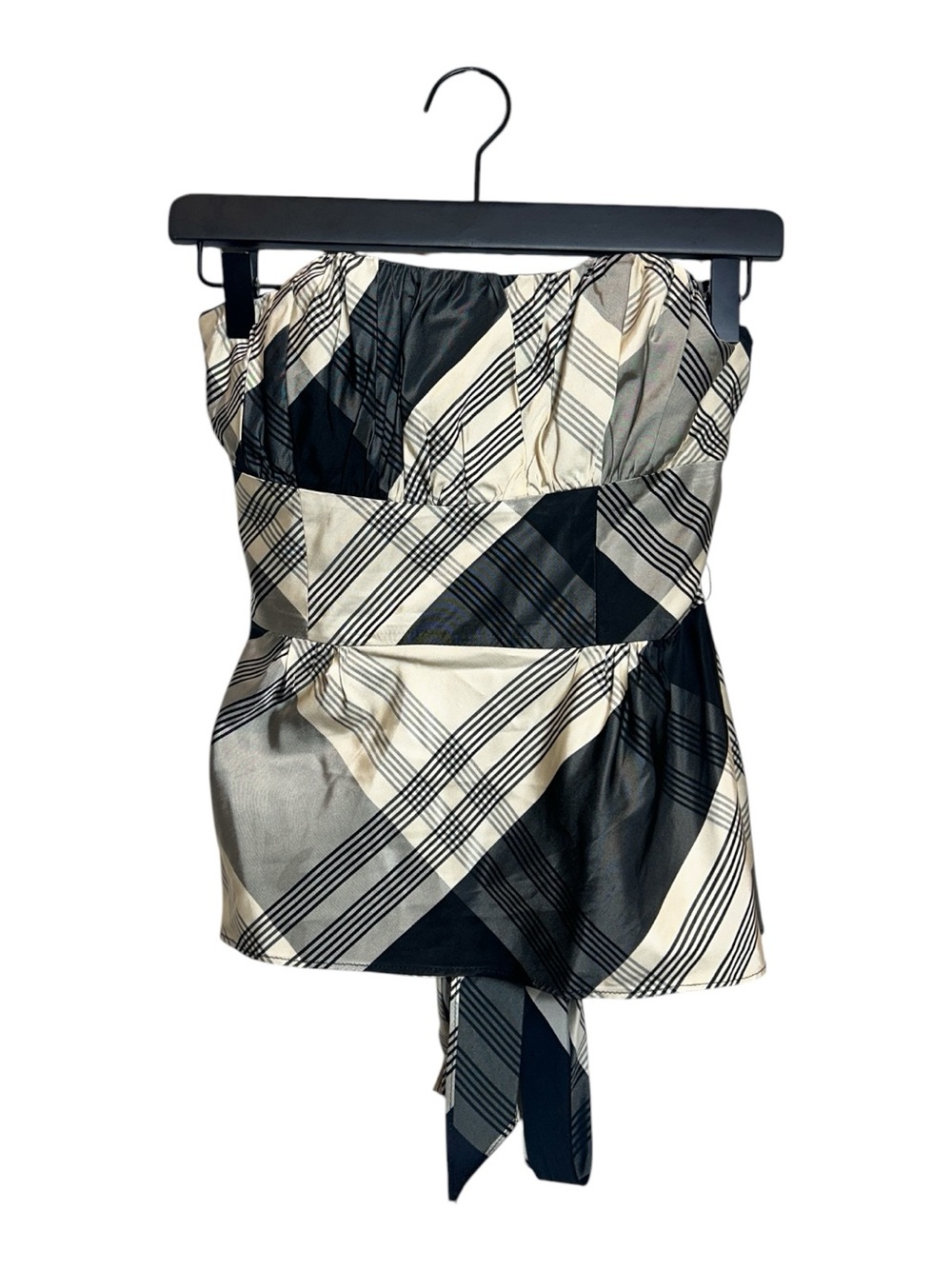 Nanette Lepore Black and Cream Plaid Strapless Satin Top